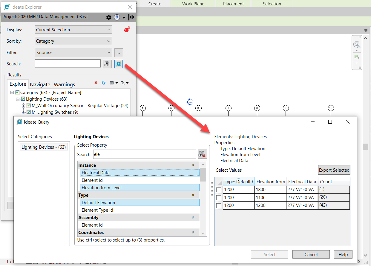 You can use Ideate Query to review important information such as elevation of Lighting Devices. Almost any parameter can be used to select a series of elements for further refinement.