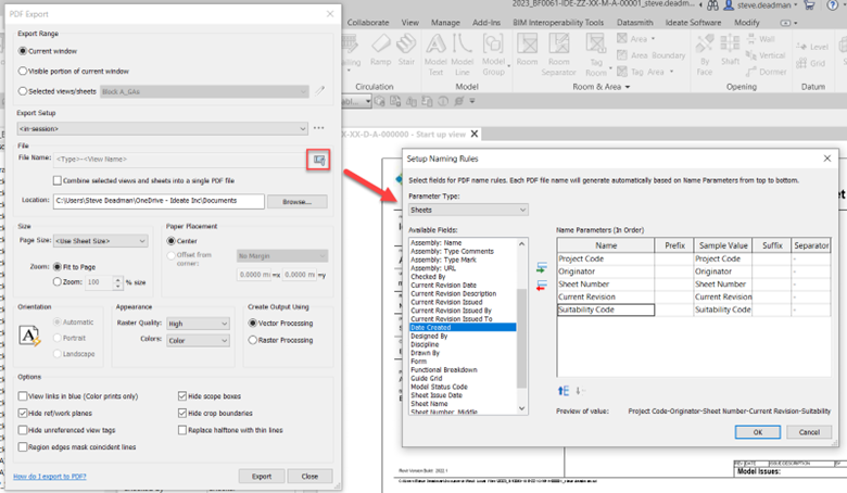 I can add parameter information as part of the naming rules within the PDF setup. exporting into revit