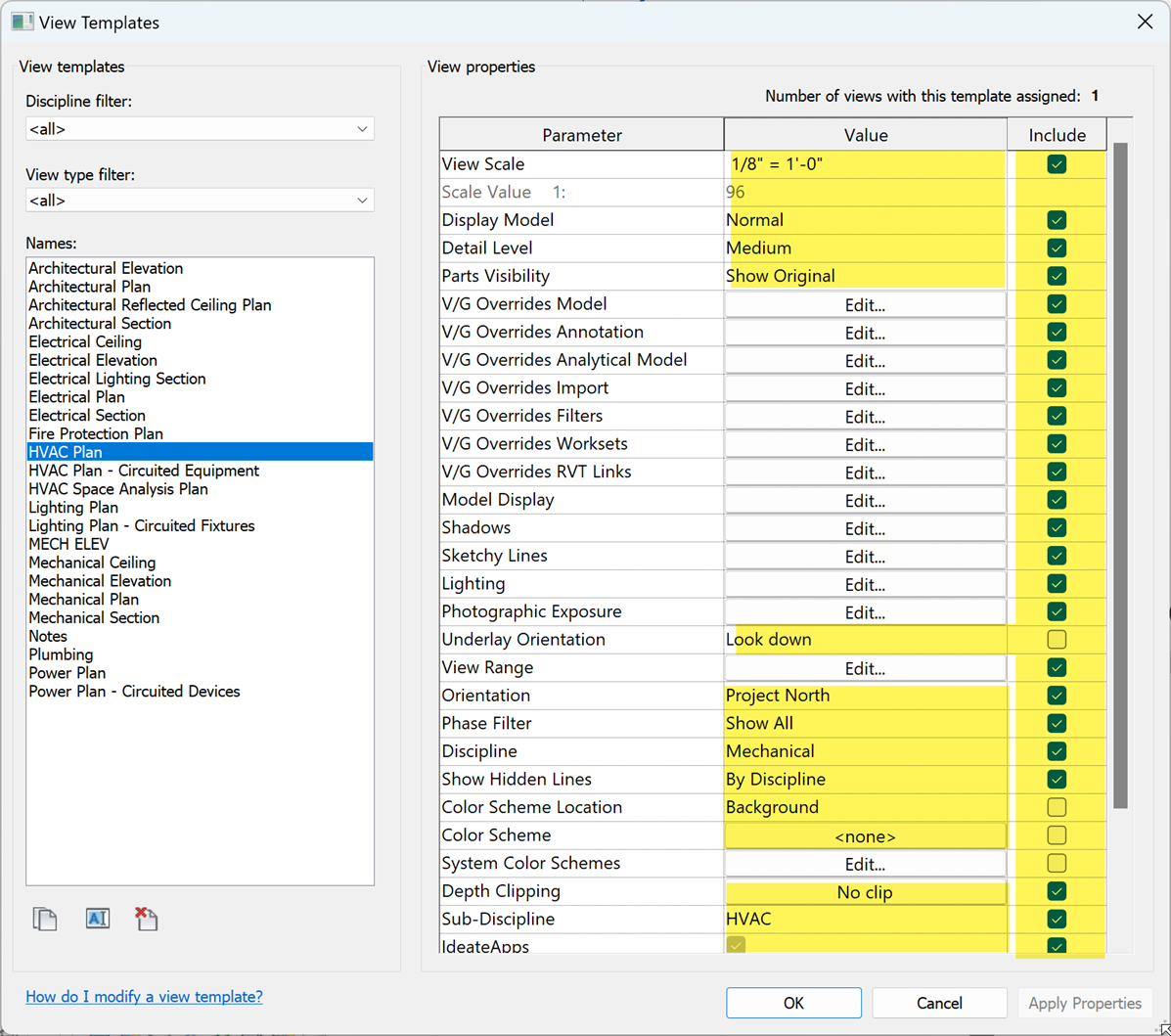 Editable Properties within Ideate BIMLink Shown in Yellow
