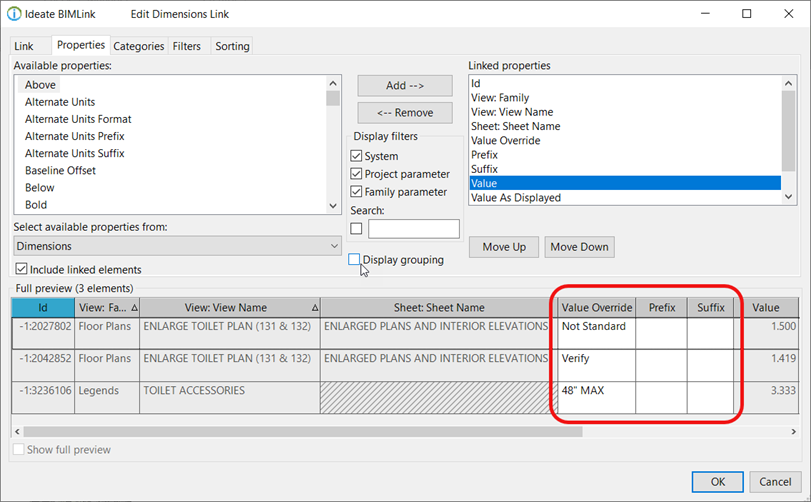 override dimensions in bimlink