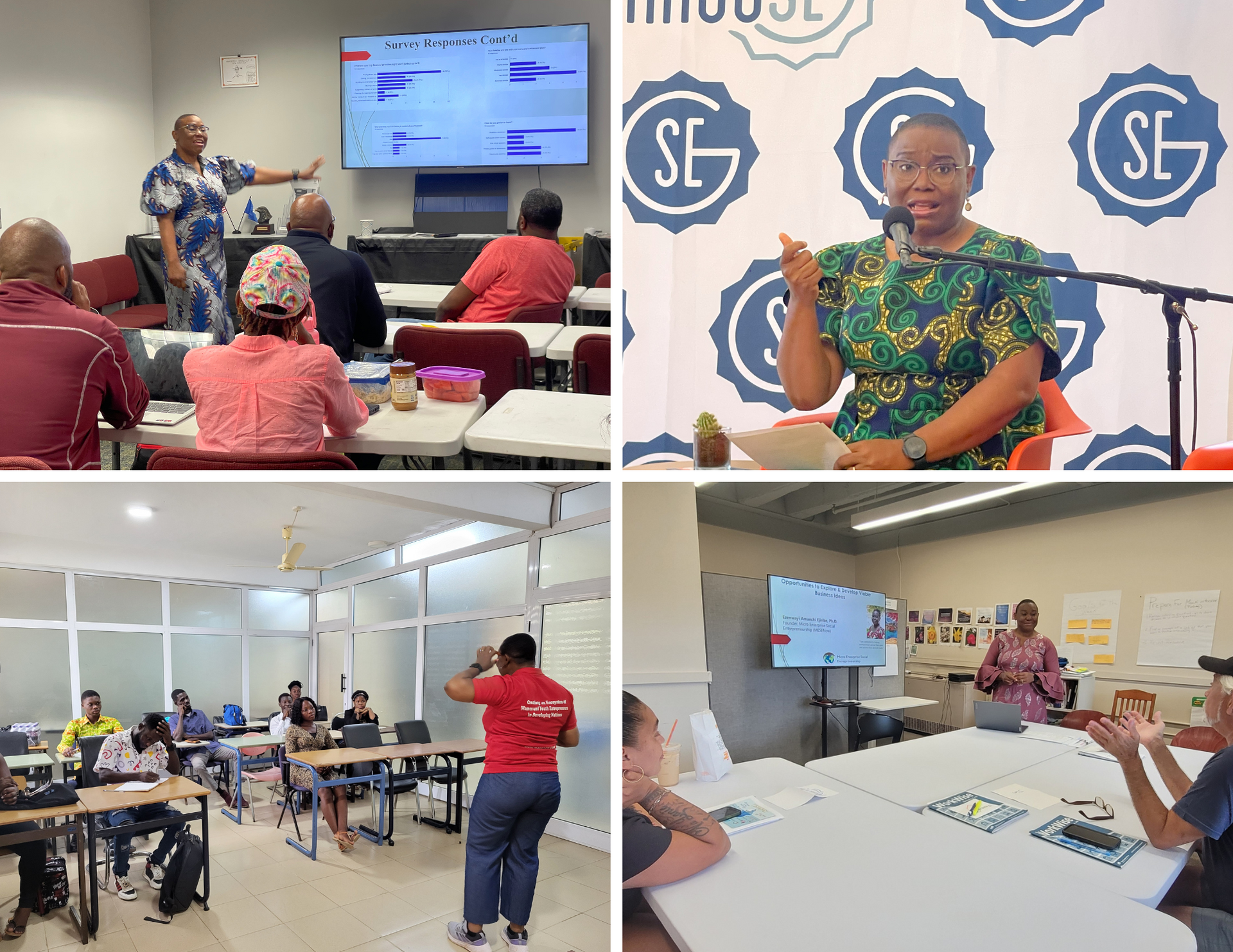 Collage: People in training sessions with speakers and presentations in various settings.