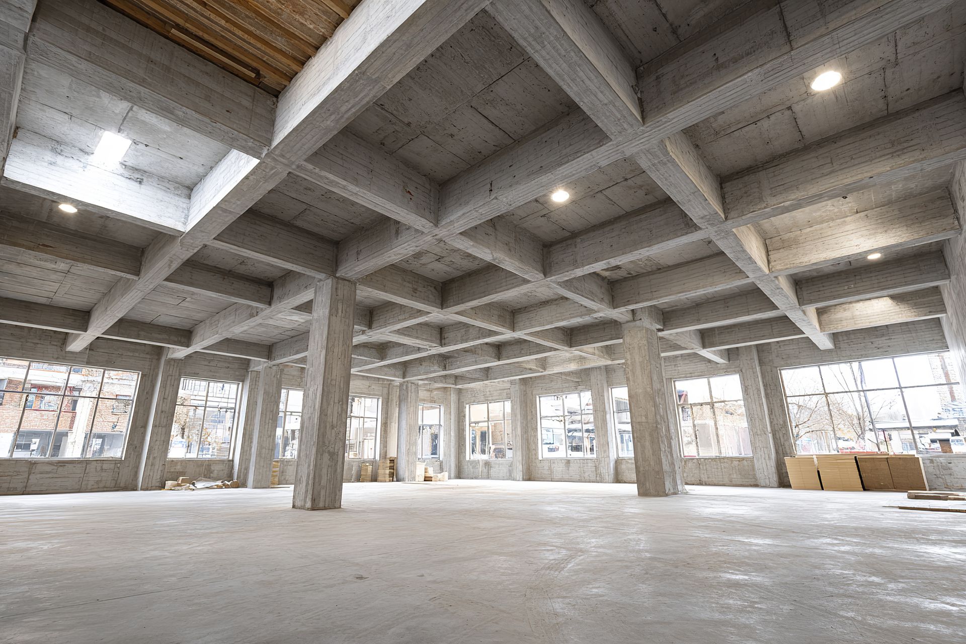 Spacious unfinished commercial building interior with concrete beams and columns, large windows