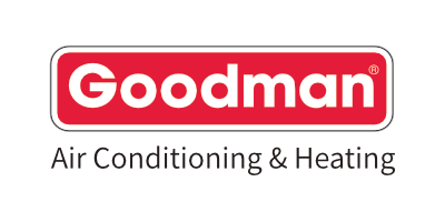 The logo for goodman air conditioning and heating is red and white.
