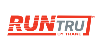 A red and gray logo for run tru by trane