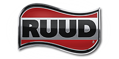 A red and black logo for ruud on a white background.