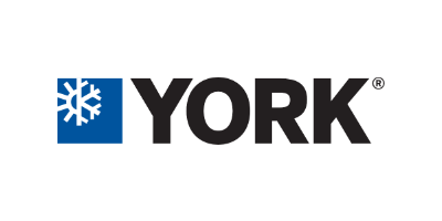 The logo for york is black and blue with a snowflake.