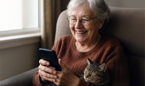 Elderly woman using SATA app on her smartphone.