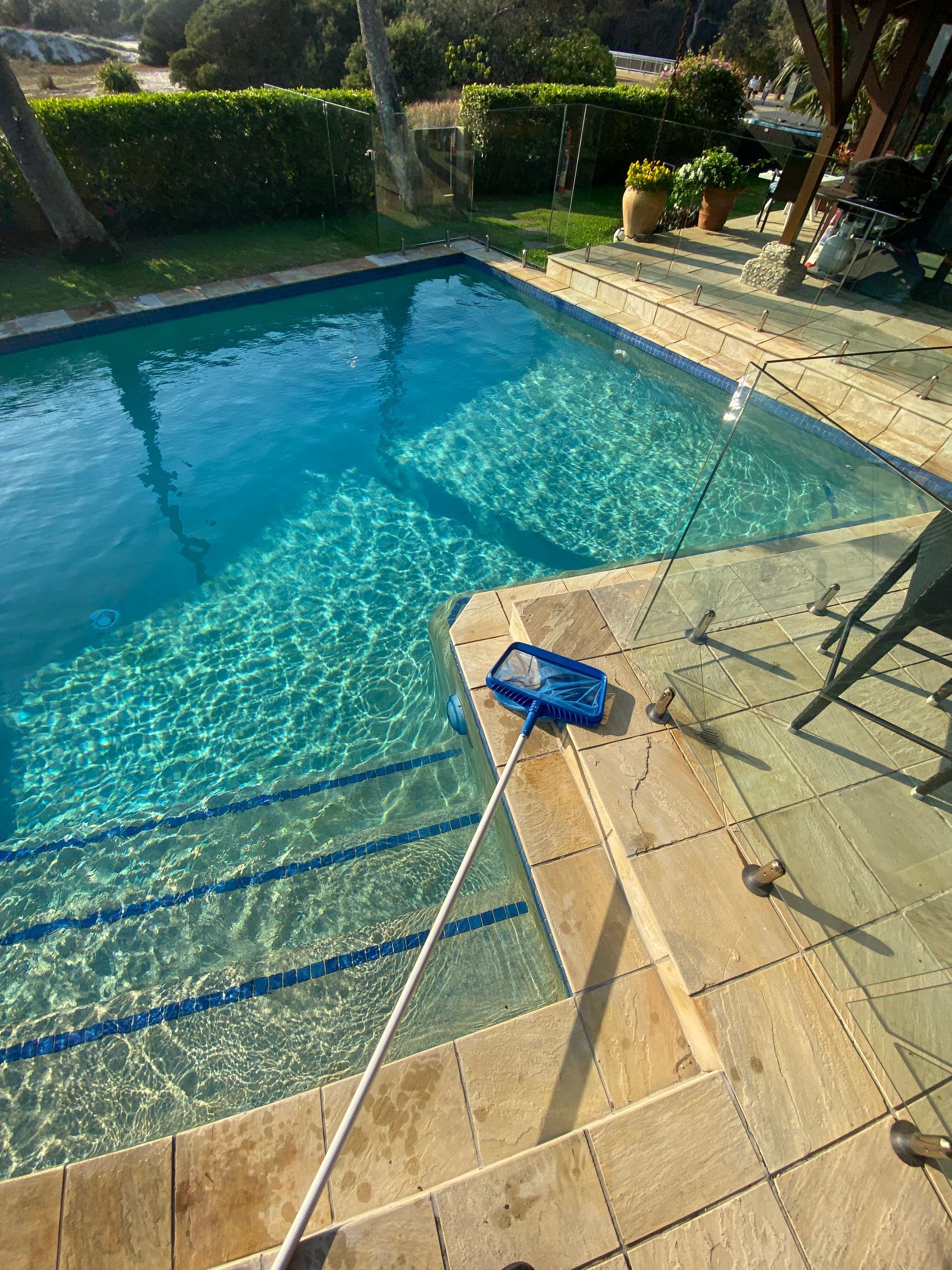 A Large Swimming Pool With A pool net In The Foreground — Dazzling Blue Pool & Spa Centre Gold Coast in Burleigh Heads, QLD