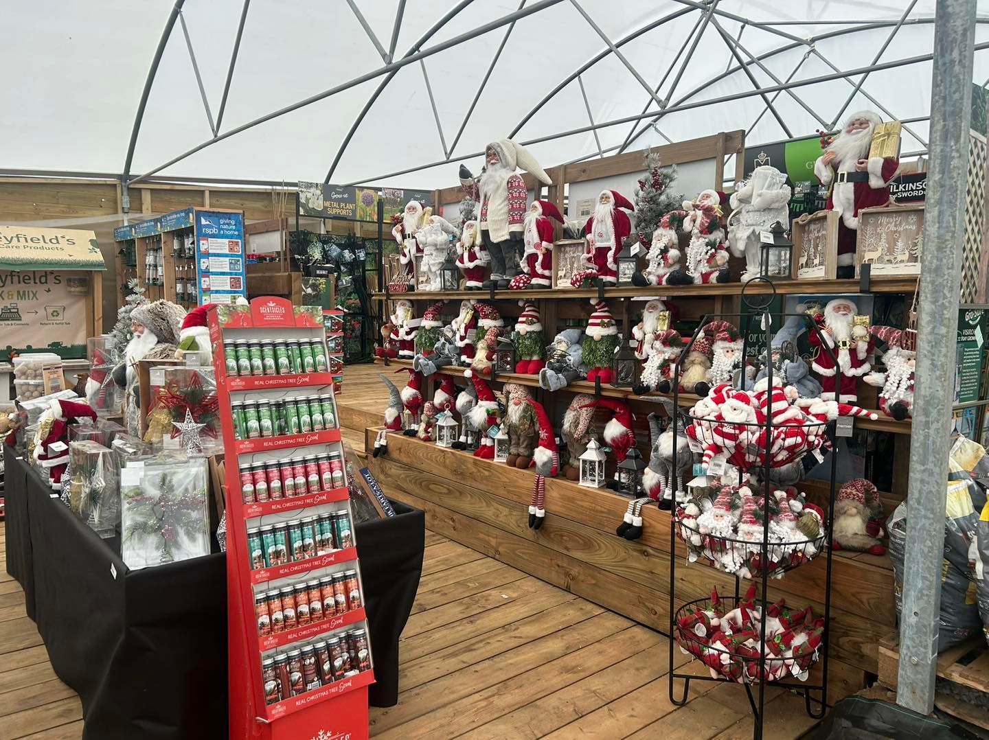 Christmas decorations for sale inside a greenhouse; Santas and wreaths on shelves.