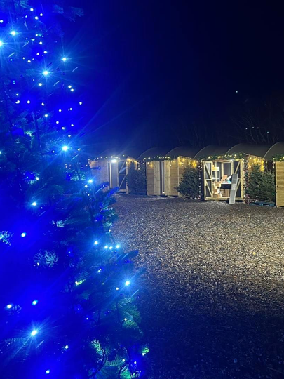 Christmas tree with blue lights, illuminated cabins lined up, person standing in front of one, night.