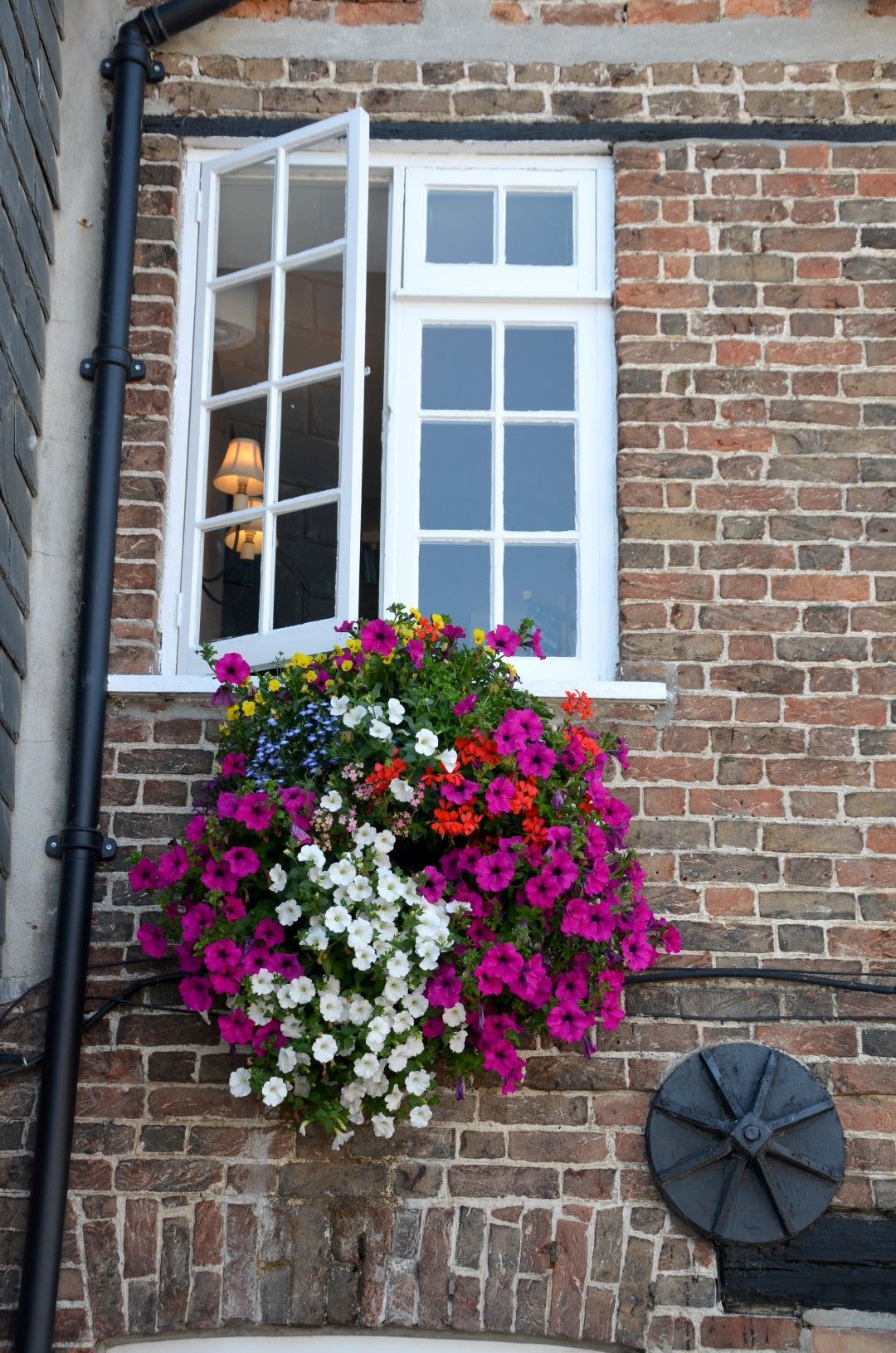 Window box overflowing with colorful flowers on a brick building; window open.