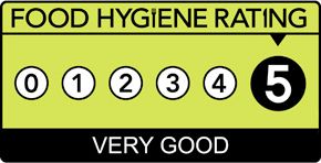 Food hygiene rating: 5 (Very Good), green background, black numbers/text.