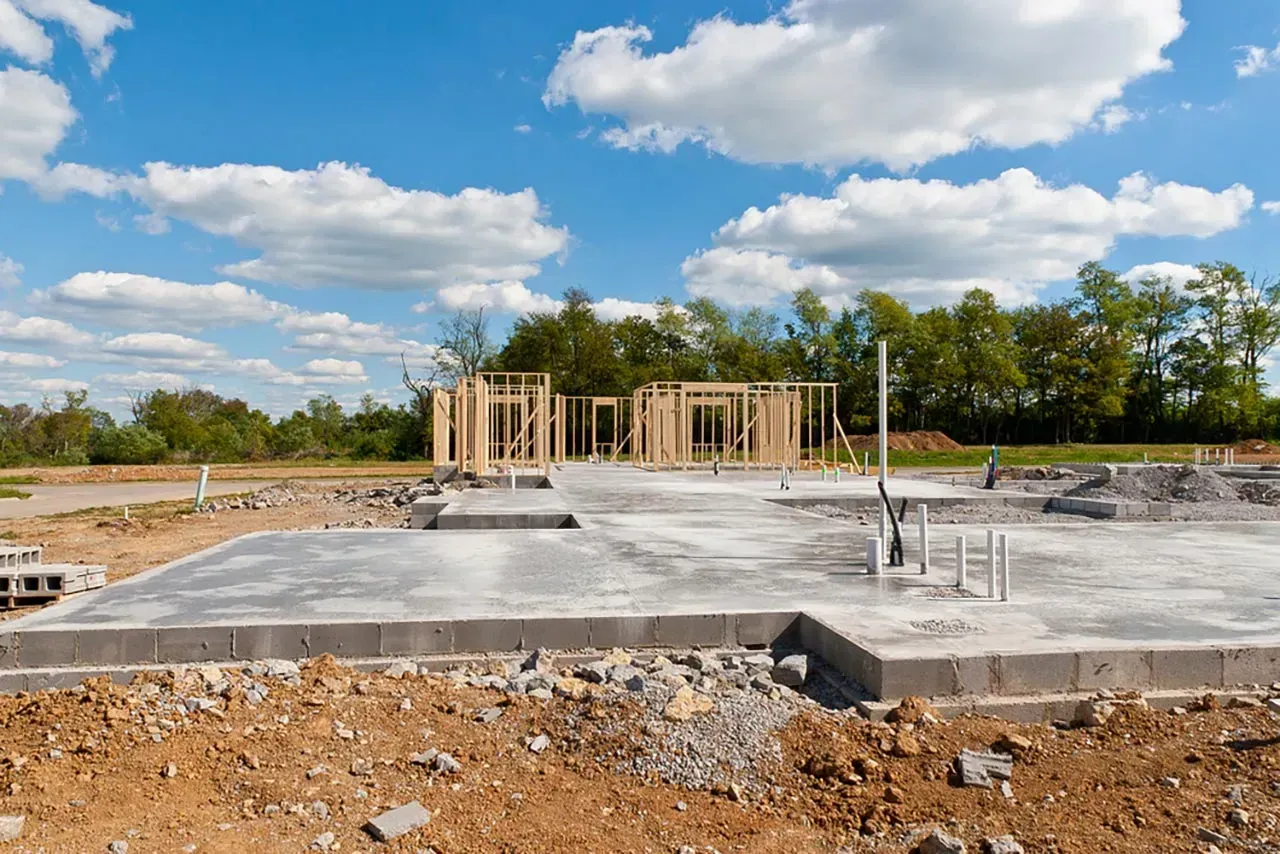 A house is being built on a dirt lot with a concrete foundation.