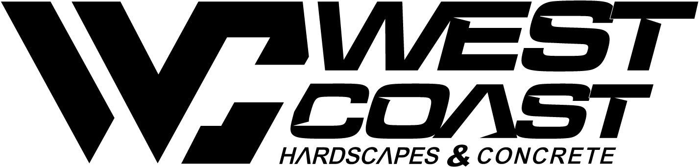 The logo for west coast hardscapes and concrete is black and white.
