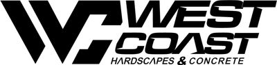 The logo for west coast hardscapes and concrete is black and white.