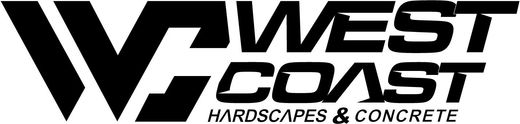 The logo for west coast hardscapes and concrete is black and white.