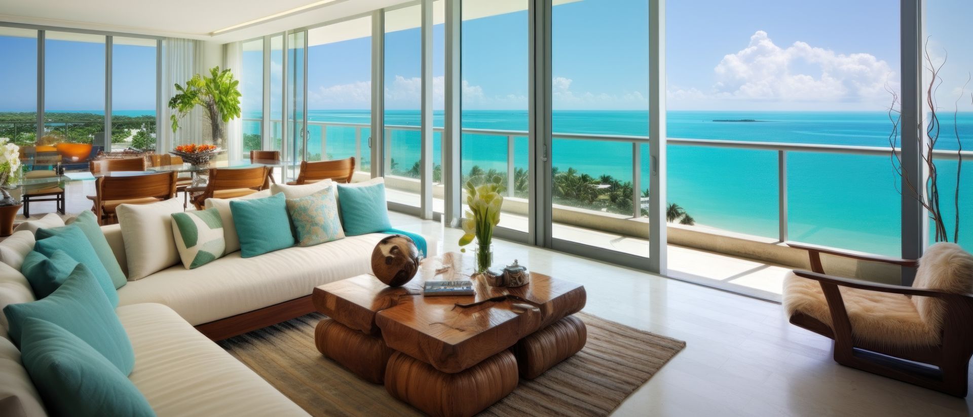 Una sala de estar con un sofá y una mesa con vista al mar.