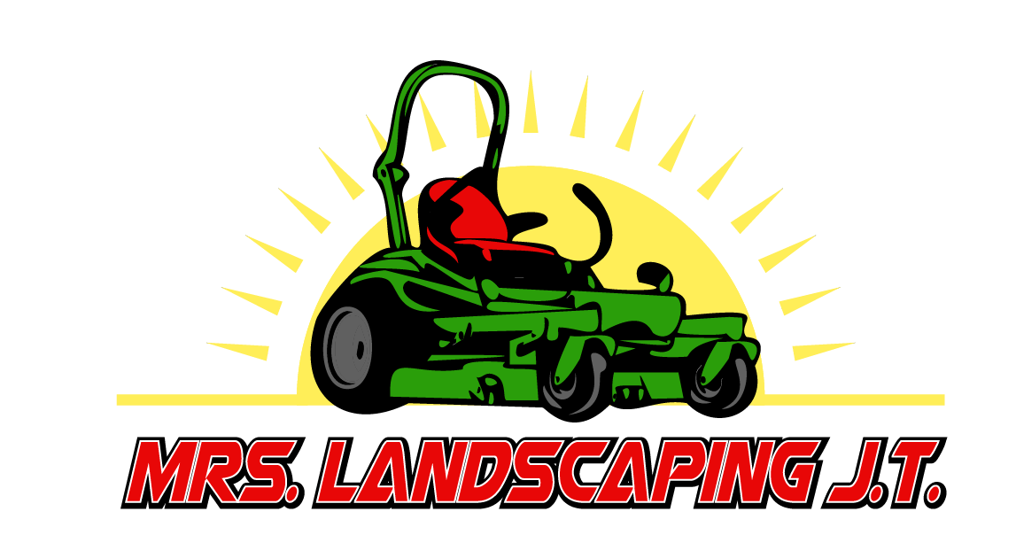 Un logotipo para la Sra. Landscaping Teniente con una cortadora de césped verde.