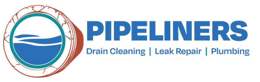Pipeliners logo with blue text and circular pipe icon; drain cleaning, leak repair, and plumbing services
