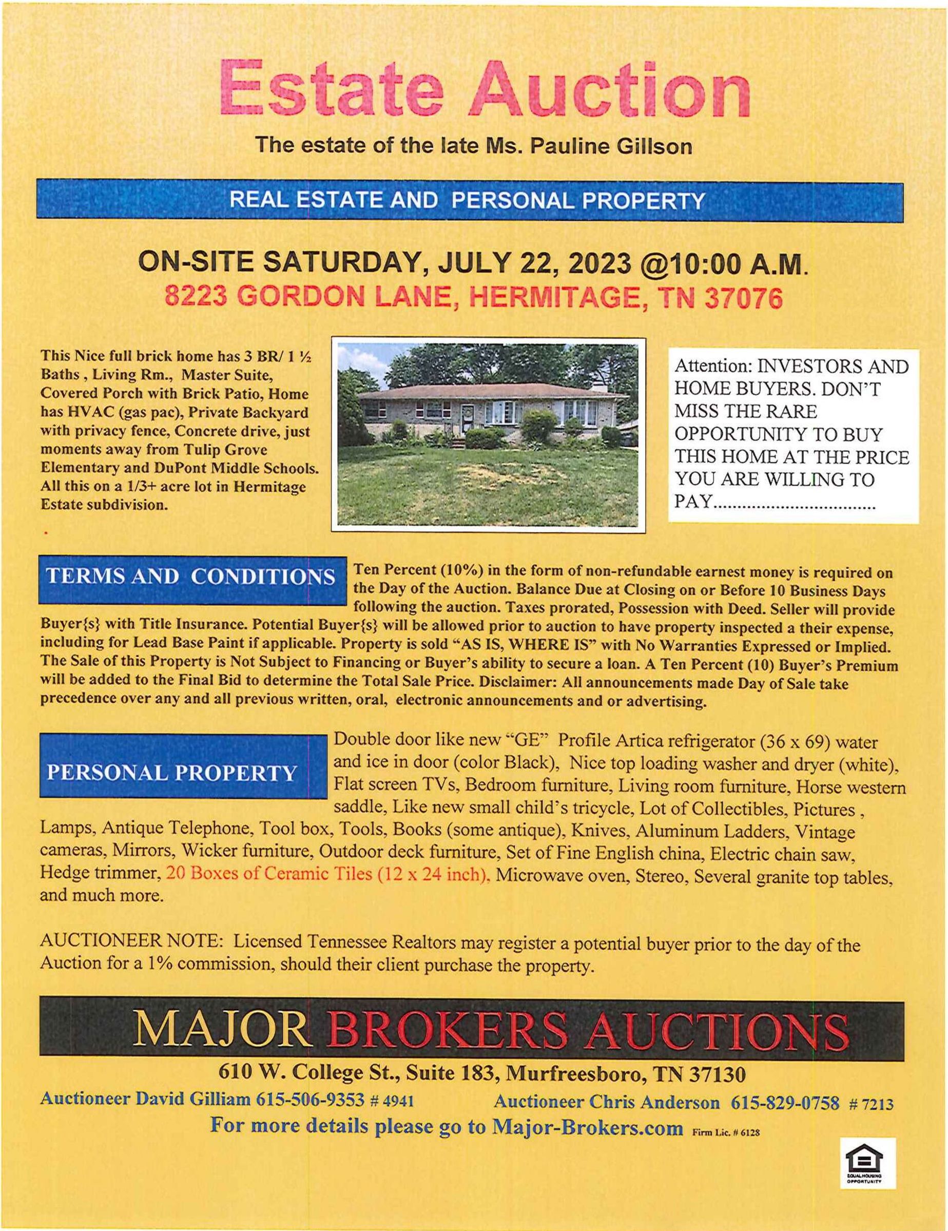 A flyer for an estate auction on saturday july 23