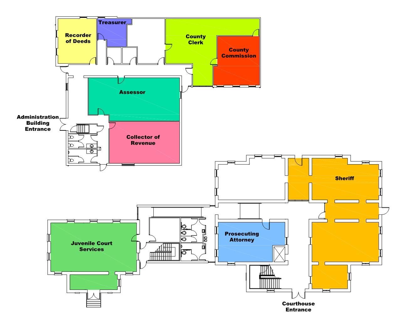 A floor plan of a building with various colors