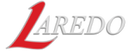 A red and white logo for laredo on a white background.