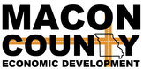 The logo for macon county economic development is black and orange.