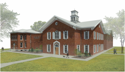 An artist 's impression of a large brick building with a clock tower