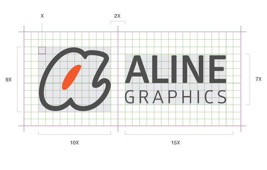 a logo for aline graphics is shown with measurements