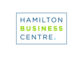 Hamilton Business Centre logo in blue and green text on a white background