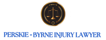Logo of Perskie Byrne Injury Lawyer: Scales of justice inside a gold and black circular emblem, blue text below.