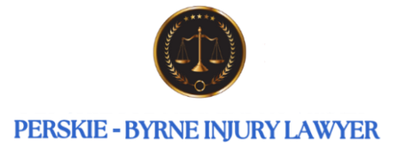 Logo of Perskie Byrne Injury Lawyer: Scales of justice inside a gold and black circular emblem, blue text below.