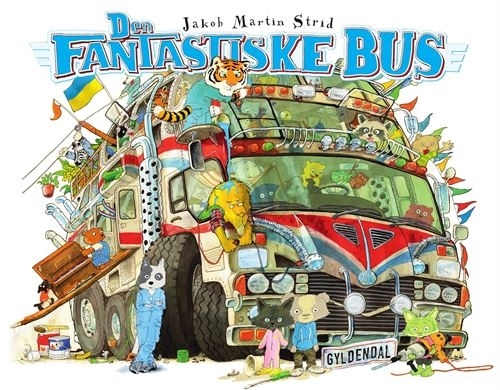 Illustration af en fantastisk bus med mange dyr og genstande stablet ovenpå, farverig, tegneseriestil.