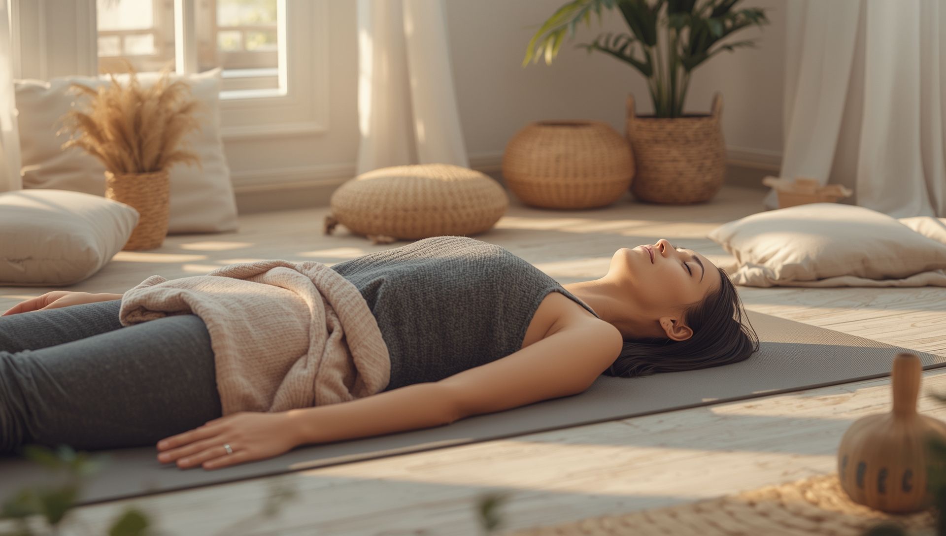 Person lying on a yoga mat in a calm space preparing for a somatic breathwork session