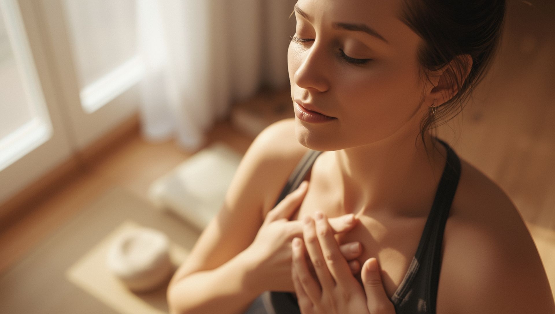 Woman practicing somatic breathwork indoors