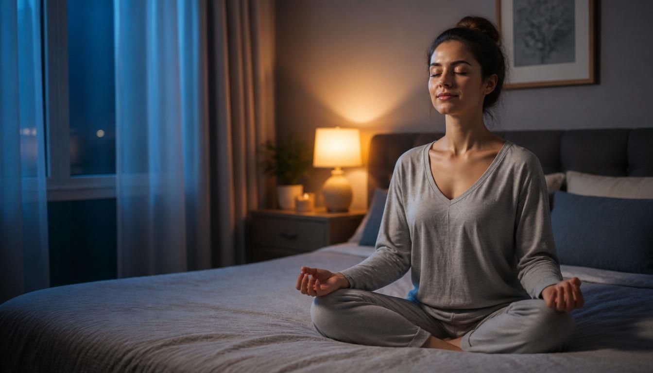 Woman practicing conscious breathing before bed to support relaxation