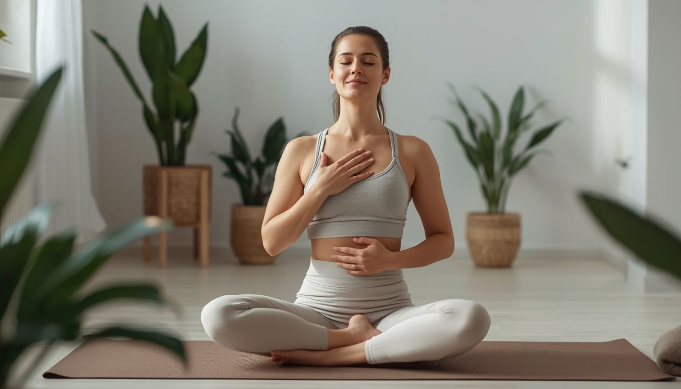 Woman practicing daily breathwork at home using diaphragmatic breathing