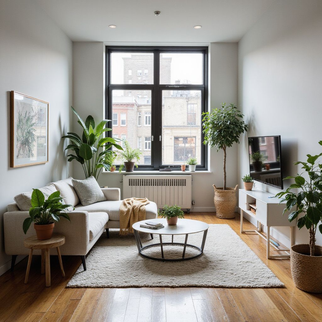 Cozy living room with plants, sectional sofa, and a large window overlooking a city.