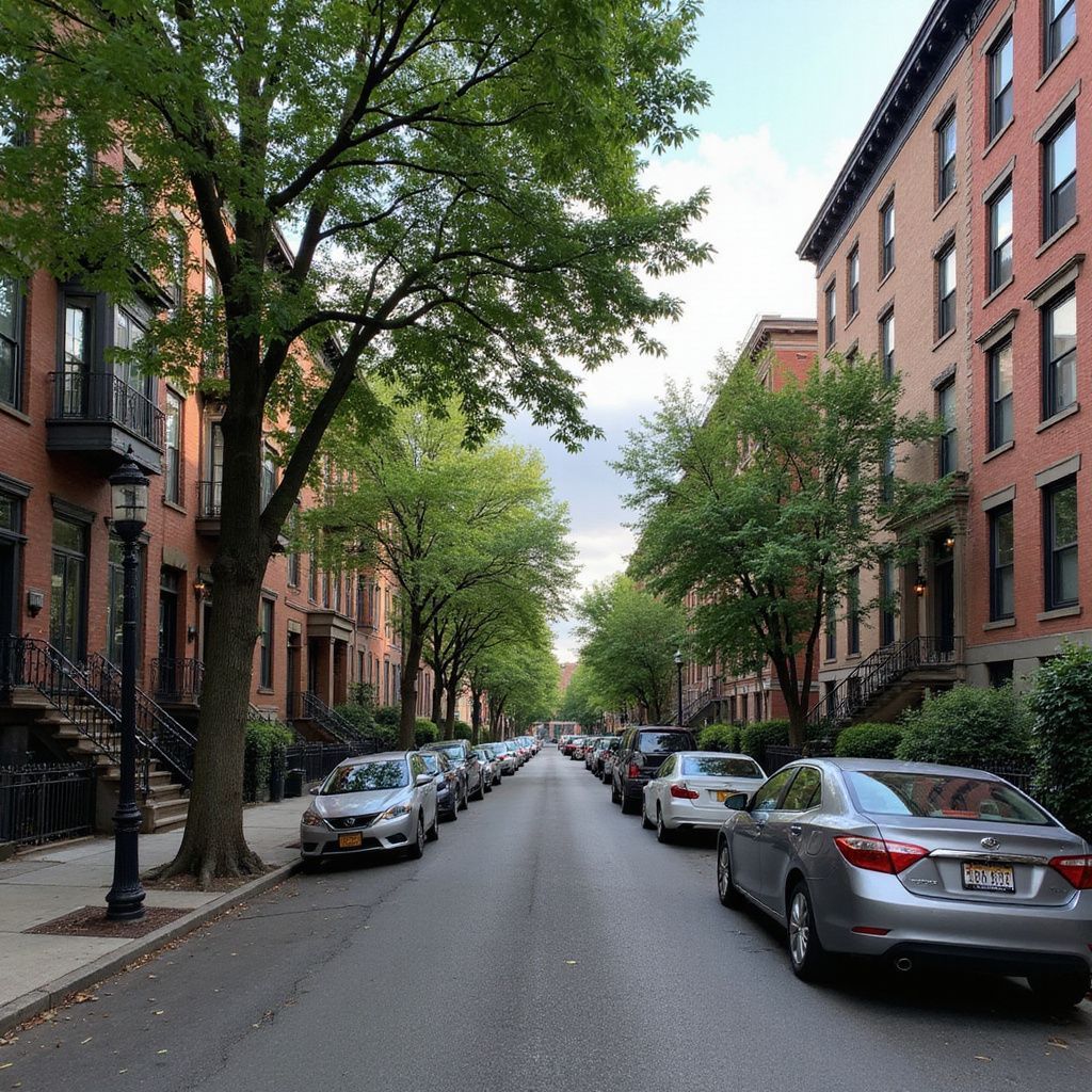 Street lined with parked cars and trees; brown brick buildings on both sides.
