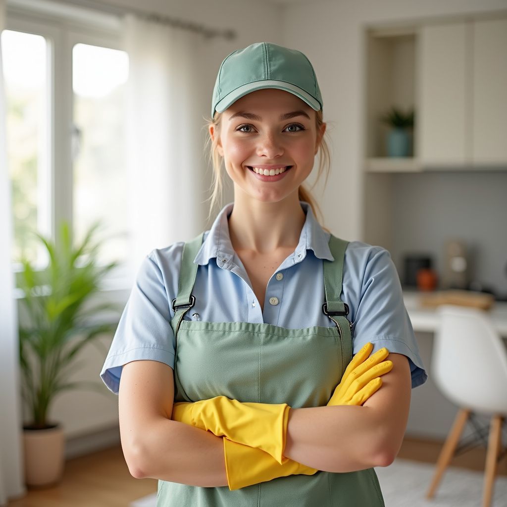 Smiling cleaner in green cap and apron, yellow gloves, arms crossed, in a kitchen.