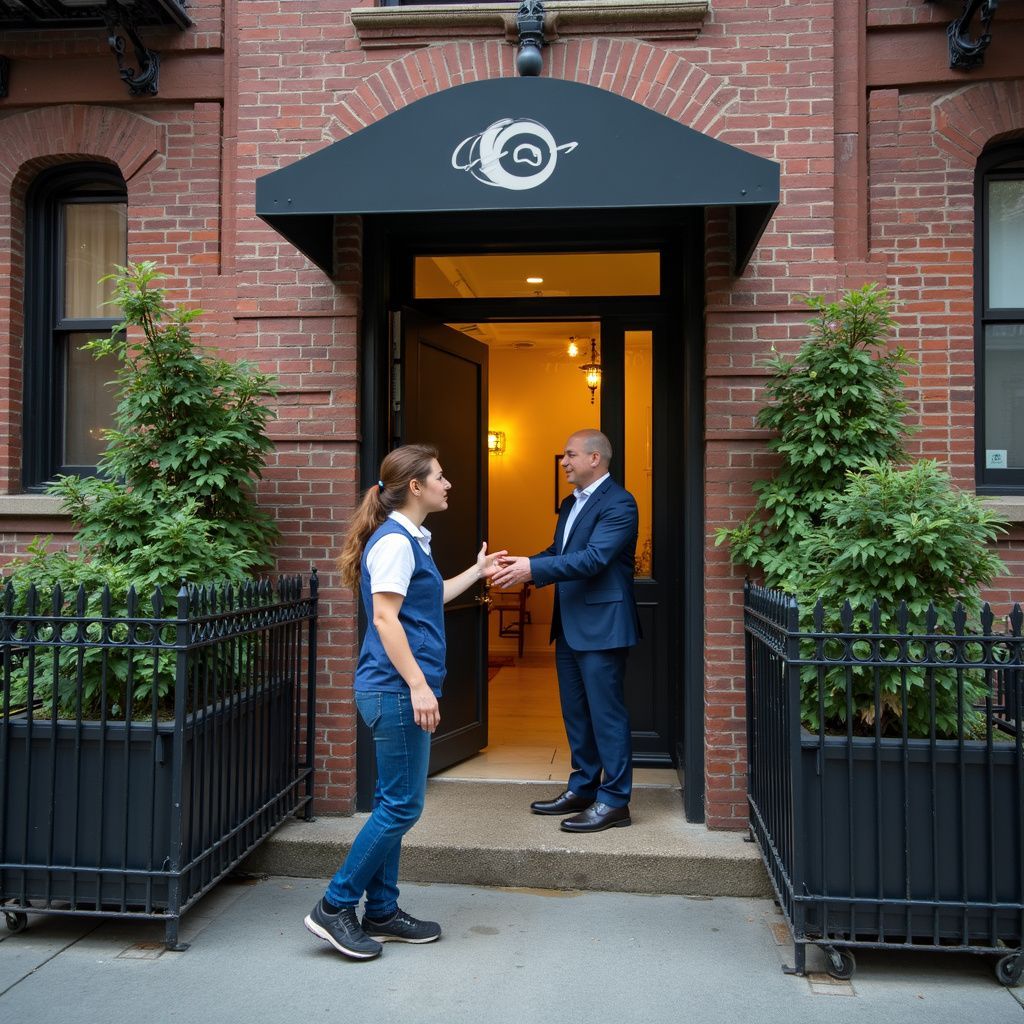 A woman in a uniform shakes hands with a man in a suit outside a brick building.