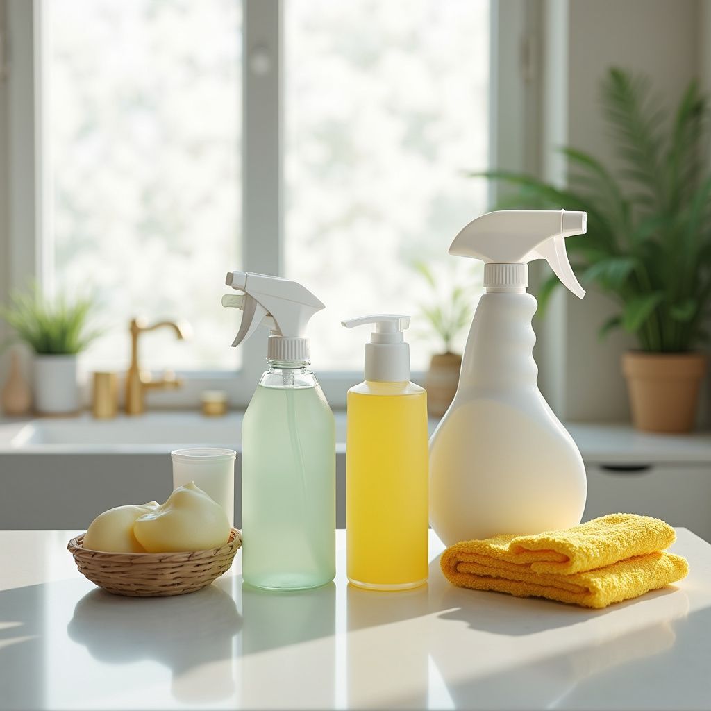 Cleaning supplies on a kitchen counter: spray bottles, soap, towels. Sunlight streams in from a window.