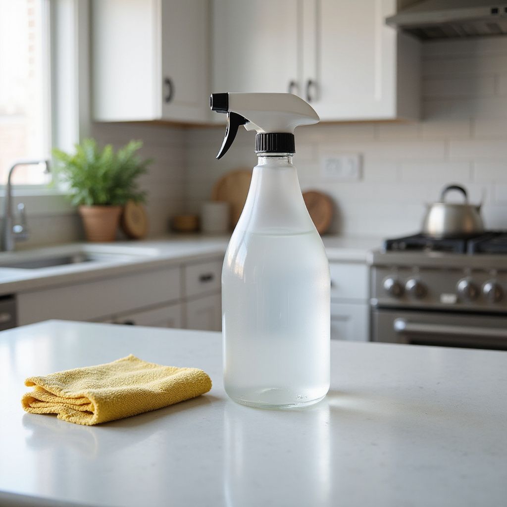 Spray bottle and yellow cloth on kitchen counter.