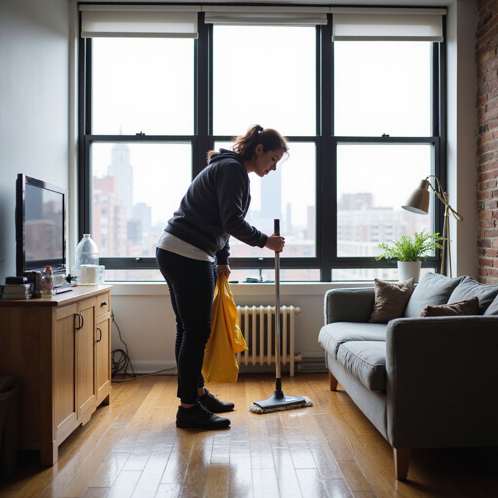 Woman mopping a wooden floor in an apartment with a city view.