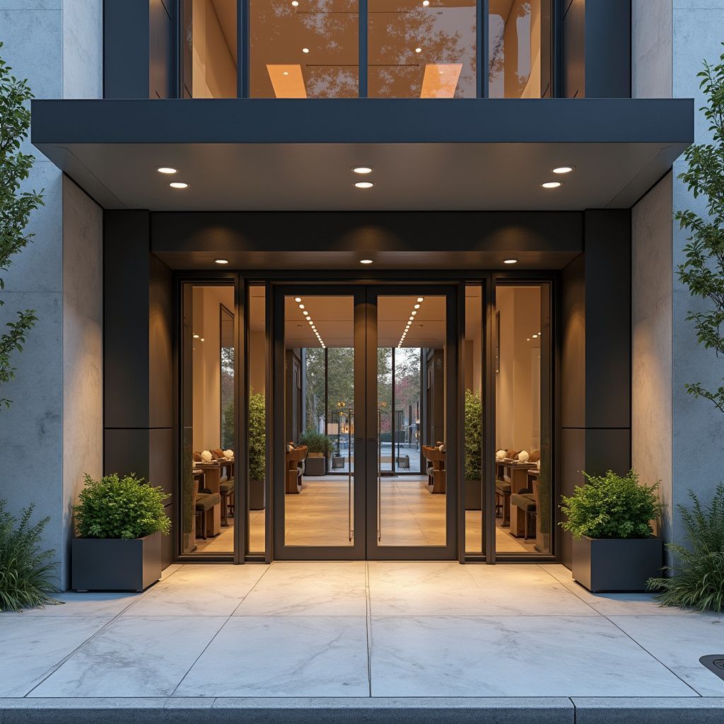 Entrance to modern building with glass doors, potted plants, and concrete walkway.