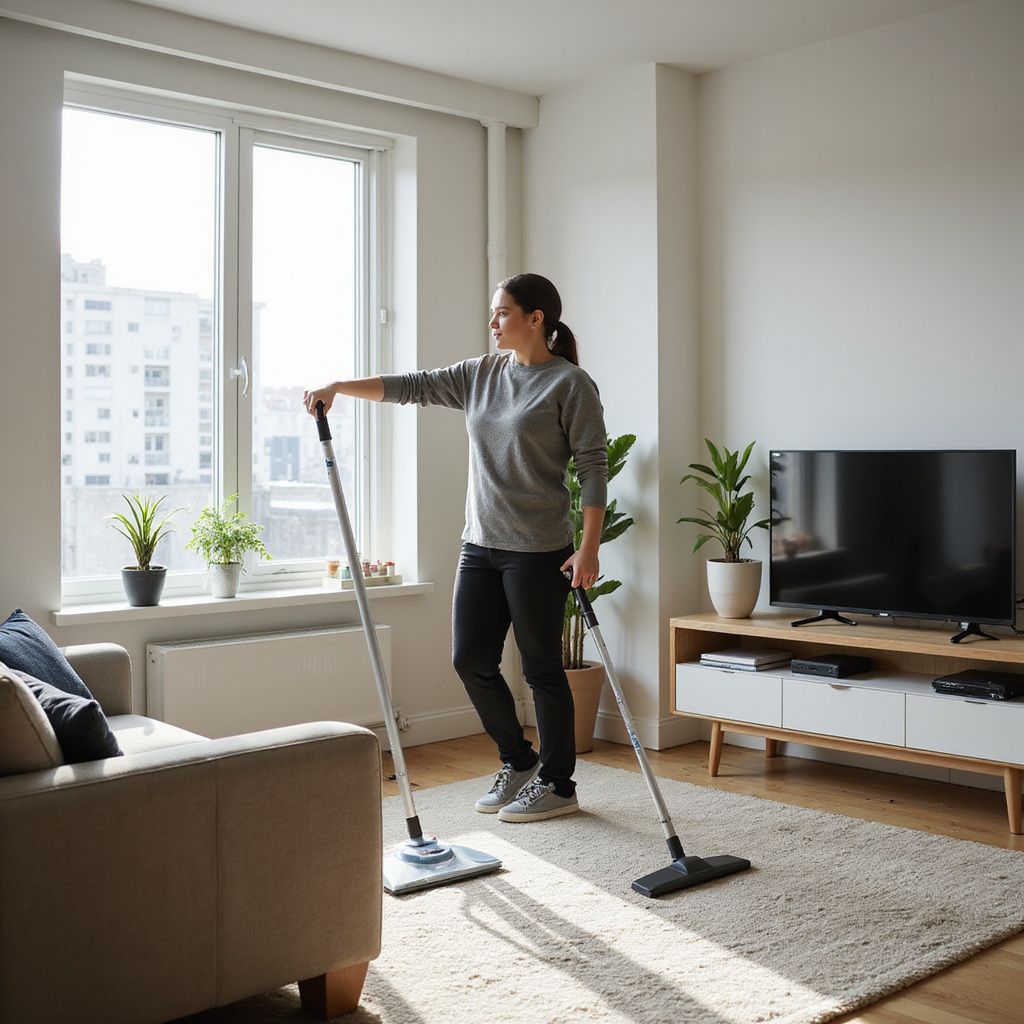 Woman leaning on a mop and vacuuming a living room with a window, sofa, TV, and plants.