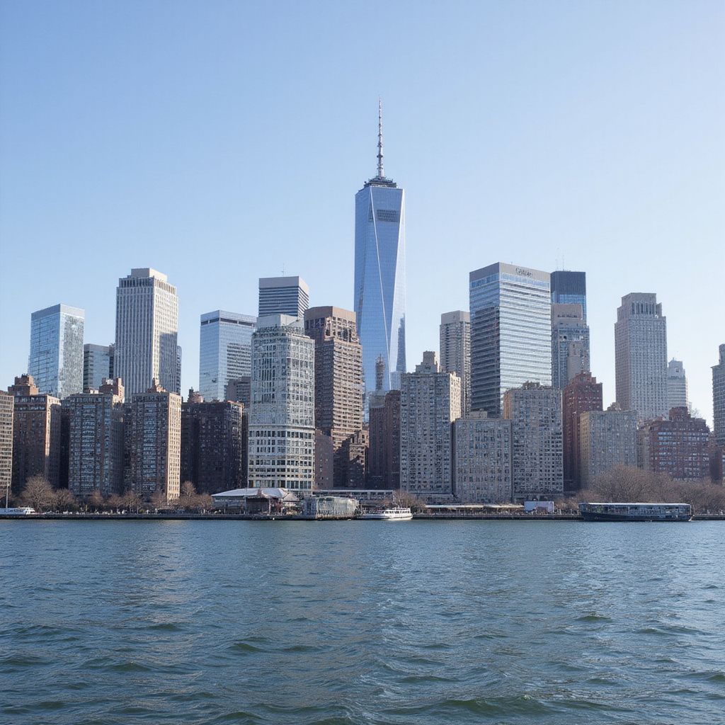 NYC skyline with One World Trade Center, blue sky, and water.