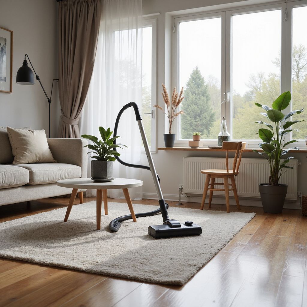 Vacuum cleaner on a fluffy rug in a living room with a couch, plants, and a window.