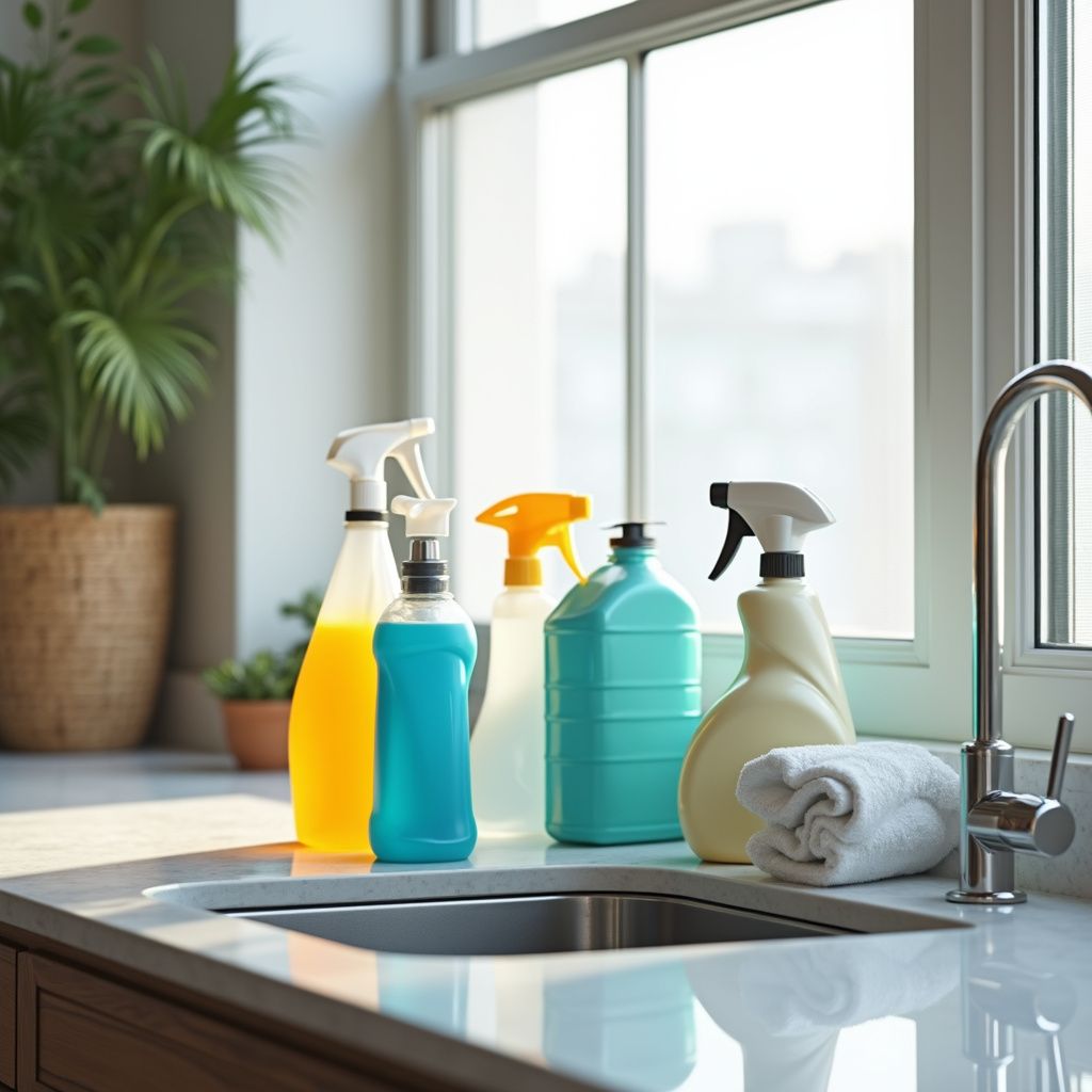 Cleaning supplies on a kitchen counter near a sink and window.