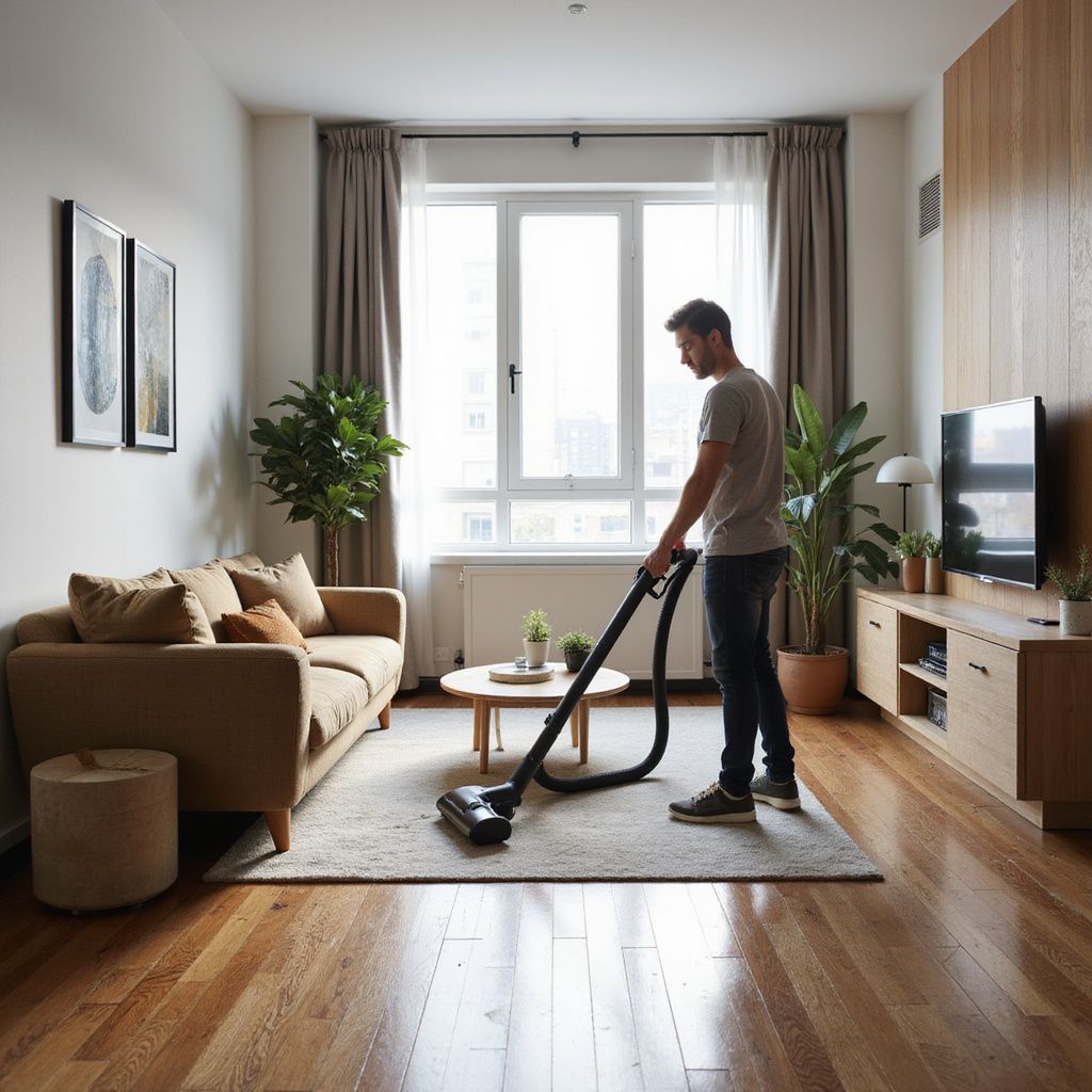 Man vacuuming a rug in a modern living room with wood floors, neutral tones, and plants.